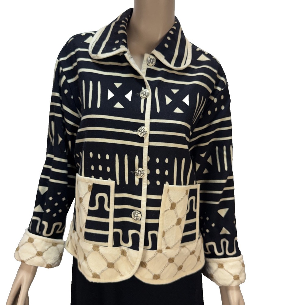 ANU By Natural Boho Reversible Tapestry Jacket Size M Black Beige‎ 100% Cotton